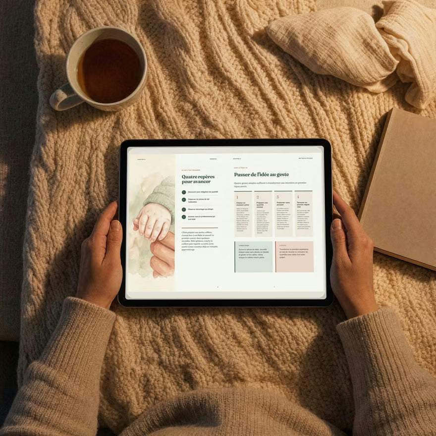 Une double page du guide Les Premières Cuillères lue sur une tablette