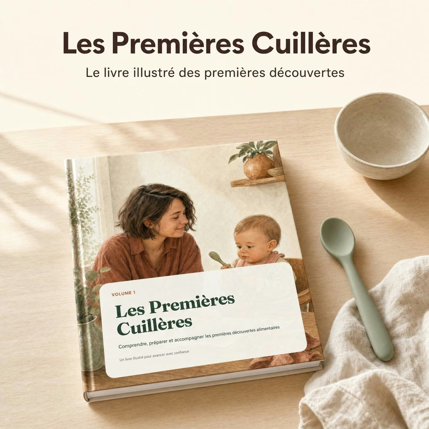 Le livre Les Premières Cuillères posé sur une table de cuisine, à côté d'une cuillère de bébé