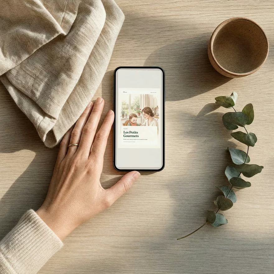 Le guide Les Petits Gourmets ouvert sur un téléphone posé sur la table