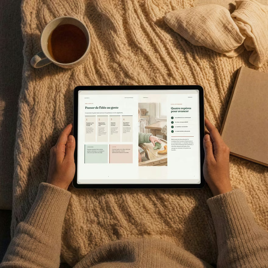 Une double page du guide Les Petits Gourmets lue sur une tablette