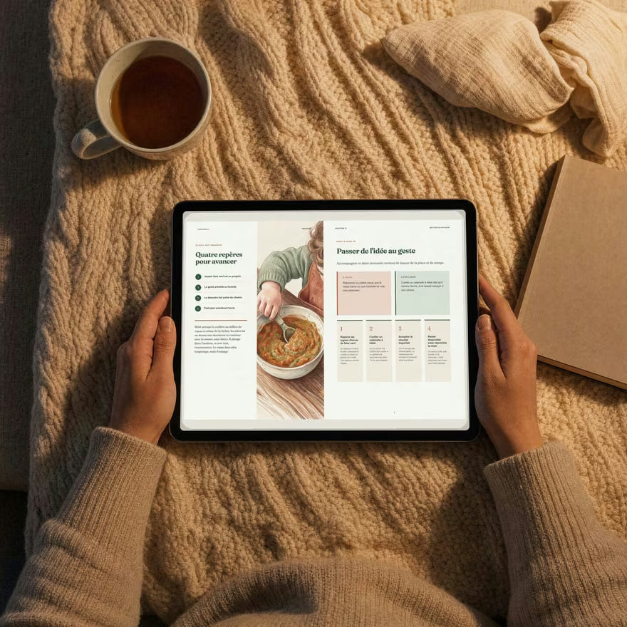 Une double page du guide Manger comme un grand lue sur une tablette