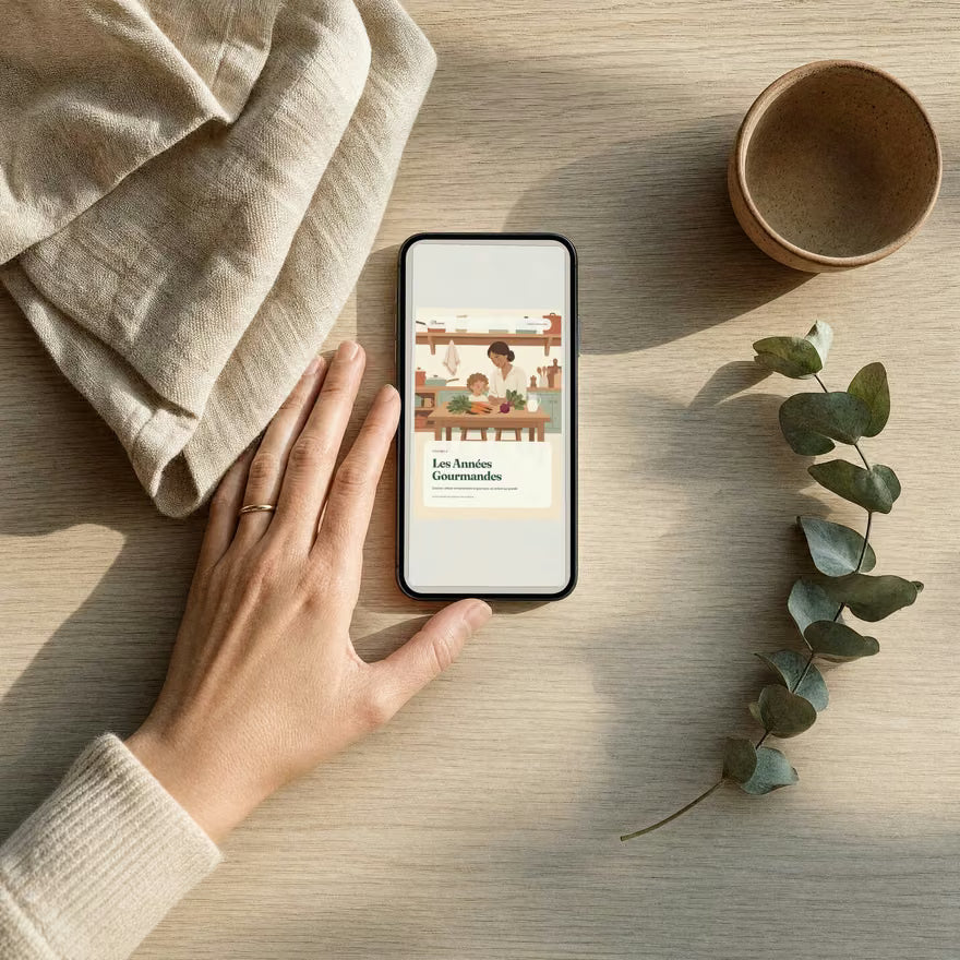 Le guide Les Années Gourmandes ouvert sur un téléphone posé sur la table