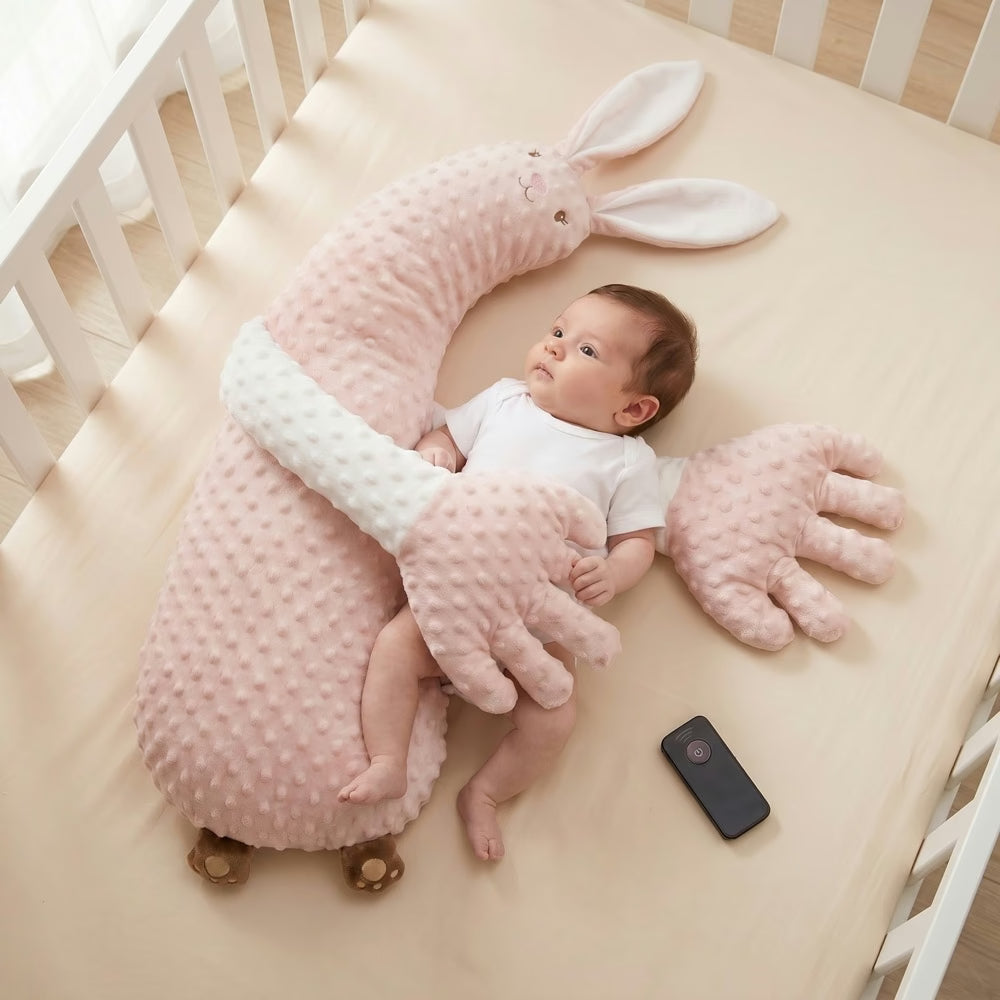 Bébé avec le compagnon lapin rose