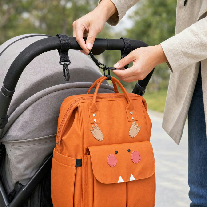 Les deux attaches du sac enroulées et clipsées autour du guidon de la poussette