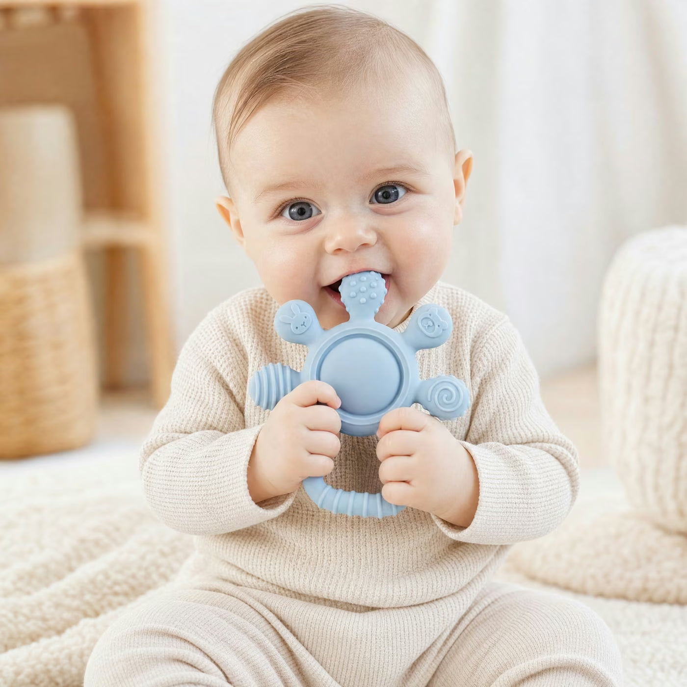 Bébé qui mordille son anneau de dentition Le Petit Soleil