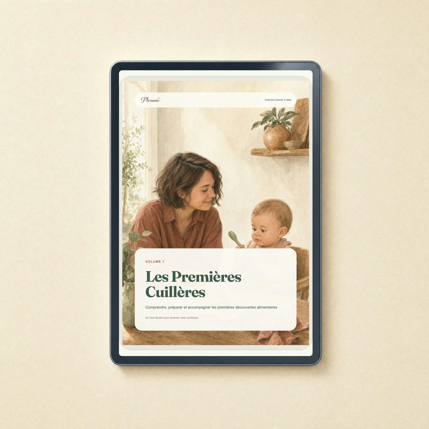 Le volume 1, Les Premières Cuillères, ouvert sur une tablette posée à plat