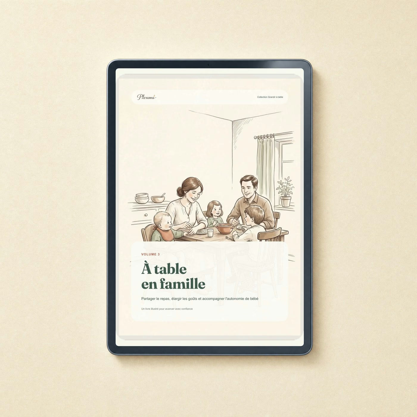 Le volume 3, À table en famille, ouvert sur une tablette posée à plat