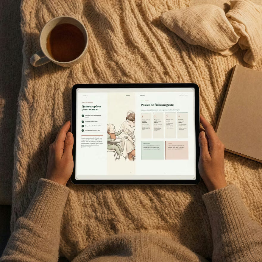Une double page du guide À table en famille lue sur une tablette