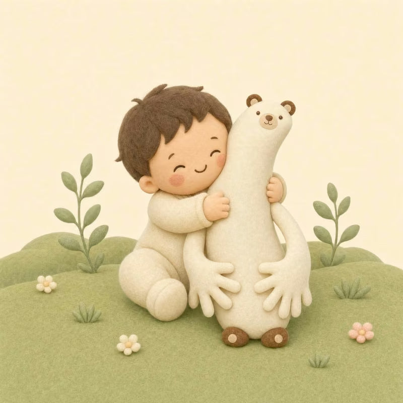 Bébé serrant le compagnon ours crème contre sa joue