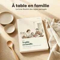 Le livre À table en famille posé sur une table de cuisine