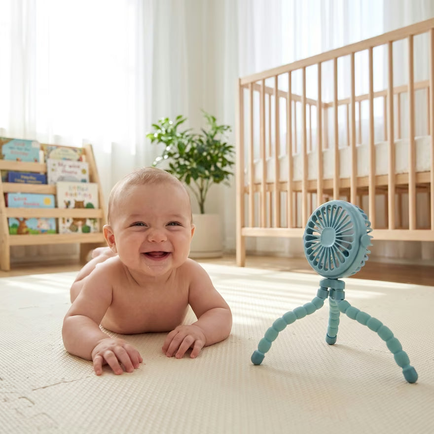 La Brise Câline, le ventilateur portable de bébé, à côté d'un bébé